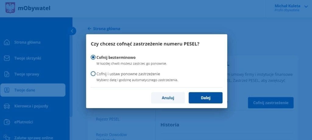 cofniecie zastrzezenia pesel